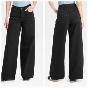 Universal Thread Women Sz 4 Mid-Rise Super Wide Leg Jeans black Button Fly Baggy